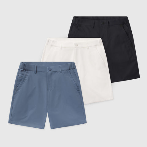 Jetsetter Tech Short 3-Pack in blue, white, and black colors displaying innovative fabric and durable fit.