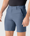 Jetsetter Tech Short in blue worn by model displaying fit and design.