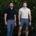Tech Polo & Shorts Pack in deep blue, space black, Bering Sea, and sand stone colors, ideal for golf.
