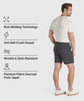 Man wearing black Jetsetter Tech Short with highlighted features: butt-molding technology, anti ball-crush gusset, wrinkle and stain-resistant, premium Japanese fabric.