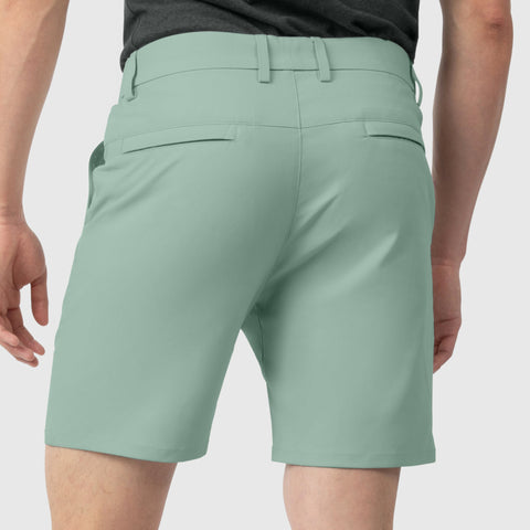 Jetsetter Tech Short in mint green, innovative fabric, consistent fit, back view.