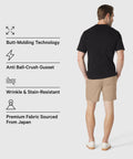 Man wearing Jetsetter Tech Short with features like butt-molding technology, anti ball-crush gusset, wrinkle and stain resistance, premium Japanese fabric.