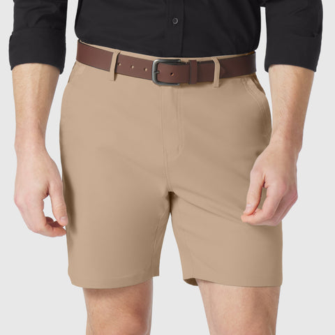 Jetsetter Tech Short in beige color with brown belt and black shirt.