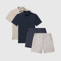 Golf Game Essentials set with deep blue and sand-colored polo and shorts.