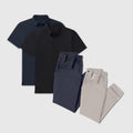 Golf Game Essentials polo and pants set in Deep Blue, Space Black, Bering Sea, and Sand Stone for tee time.