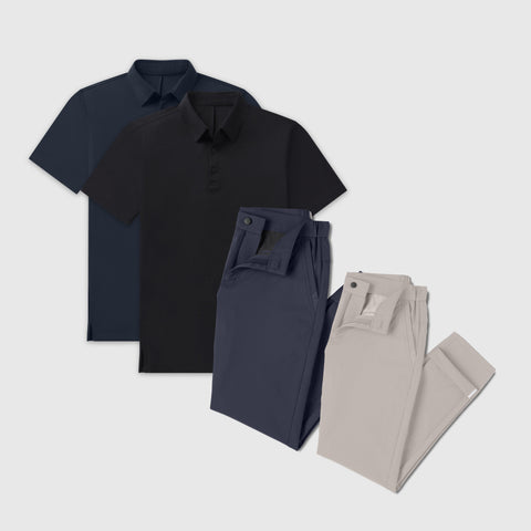 Golf Game Essentials polo and pants set in Deep Blue, Space Black, Bering Sea, and Sand Stone for tee time.