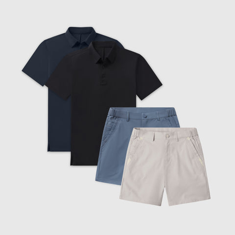 Tech Polo & Shorts Pack in Deep Blue, Space Black, Bering Sea, and Sand Stone colors.