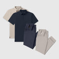 Golf Game Essentials polo and pants set in deep blue and sand tones.