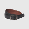 Reversible leather belt with black and brown sides, featuring a sleek metal buckle.