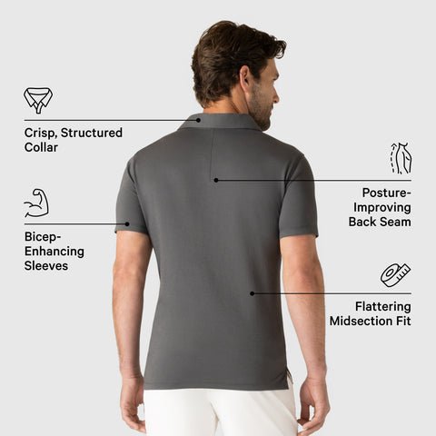 Tech Polo with tailored fit, posture-improving back seam, crisp collar, and bicep-enhancing sleeves.