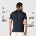Tech Polo & Shorts Pack in deep blue, featuring structured collar and posture-improving back seam.