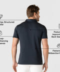 Man wearing Jetsetter Tech Polo showcasing structured collar and posture-improving back seam.