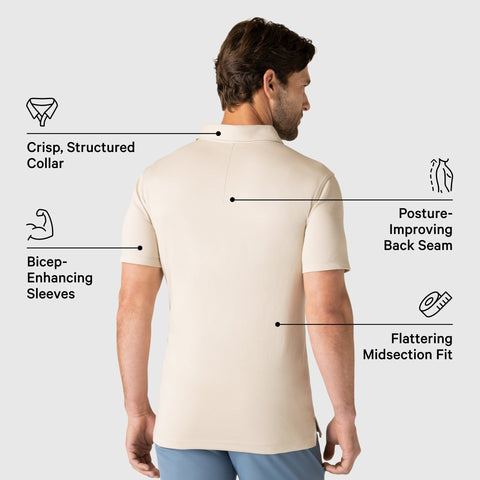 Golf Game Essentials polo and shorts in deep blue and sand colors with features highlighted.