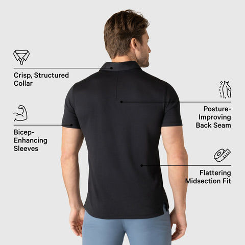 Golf Game Essentials – Polo and pants, deep blue and space black top, Bering Sea and sandstone pants, perfect for tee time.