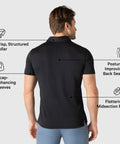 Modern Tech Polo with structured collar, posture-improving back seam, and bicep-enhancing sleeves for flattering fit.