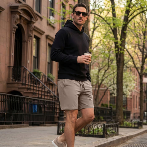 Man wearing black hoodie with Atlas Short 8 inch in Desert Taupe walking down a brownstone-lined street