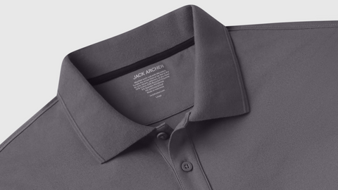 Close-up of Clubhouse Pique Polo in Charcoal Gray collar and button placket