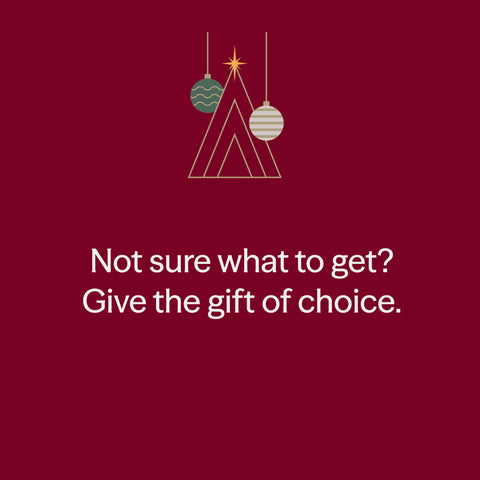Not sure what to get? Give the gift of choice. A line-drawn tree and ornaments on a burgundy background.