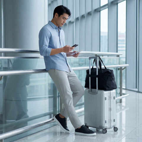 A traveler in stone Jetsetter pants and a light blue shirt waiting beside a suitcase in an airport terminal.