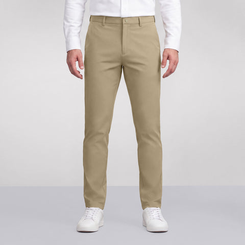 A man wearing the Jetsetter Tech Pant Slim Fit in True Khaki, front view