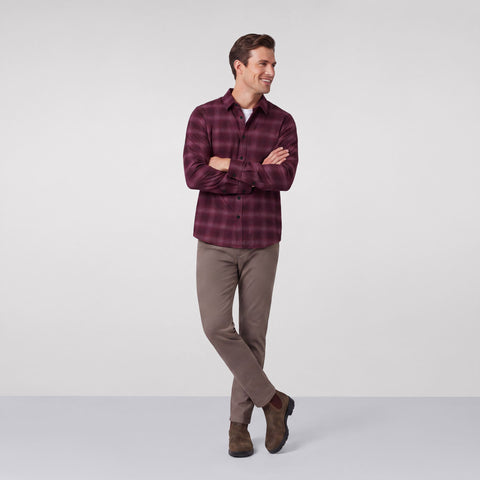 Alternate angle of a man in the Anytime Plaid Shirt, Burgundy