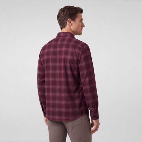 Back view of the Anytime Plaid Shirt in Burgundy Heritage Plaid