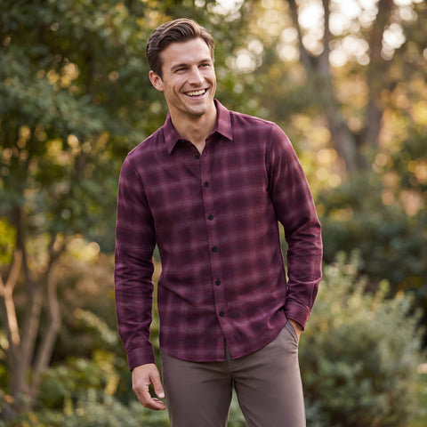 The Anytime Plaid Shirt in Burgundy Heritage Plaid, detail