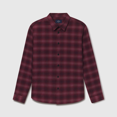 The Anytime Plaid Shirt in Burgundy Heritage Plaid, laid flat