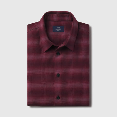 Detail of the Anytime Plaid Shirt in Burgundy Heritage Plaid