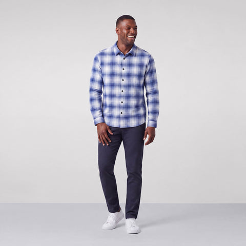 Alternate angle of a man in the Anytime Plaid Shirt, Navy Classic