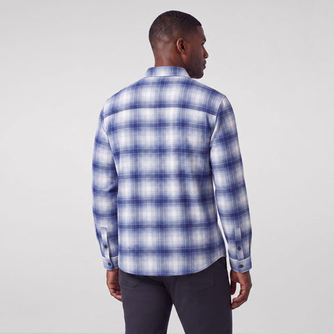 Back view of the Anytime Plaid Shirt in Navy Classic Plaid