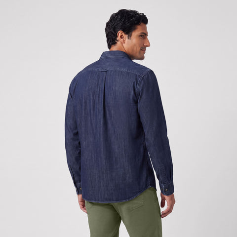 Detail view of the Chambray Shirt in Dark Wash