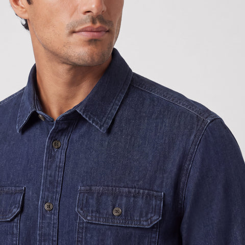 The Chambray Shirt in Dark Wash, outdoor lifestyle view