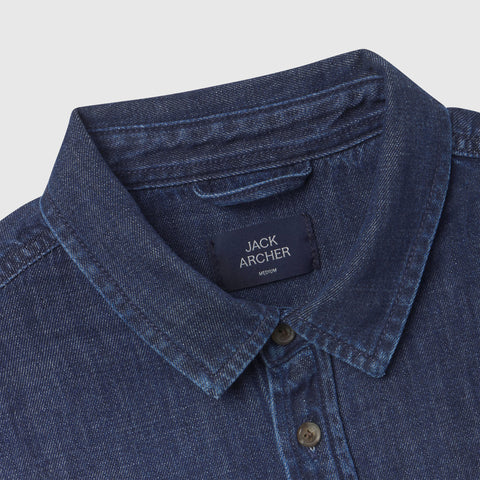 Detail shot of the Chambray Shirt in Dark Wash