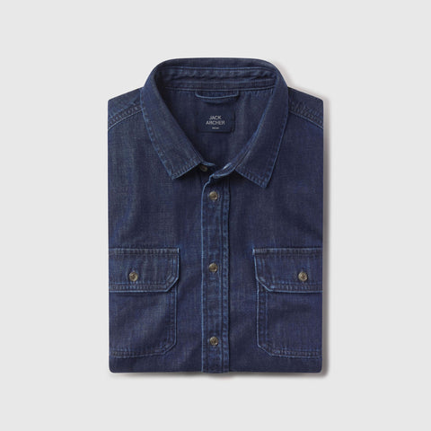 Close-up of the Chambray Shirt in Dark Wash fabric