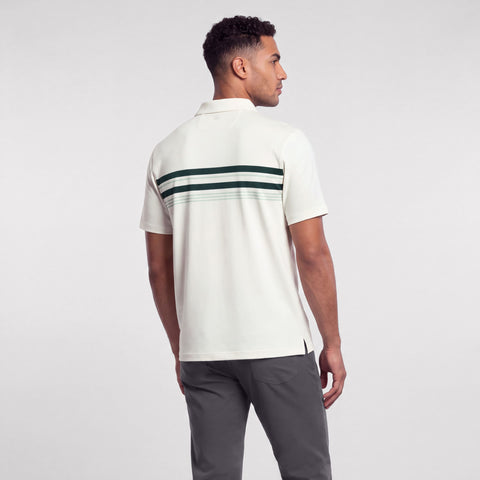 Back view of a cream polo with dark green and sage stripes across the chest.