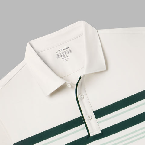 Close-up of the collar, placket and Jack Archer neck label on a cream striped polo.