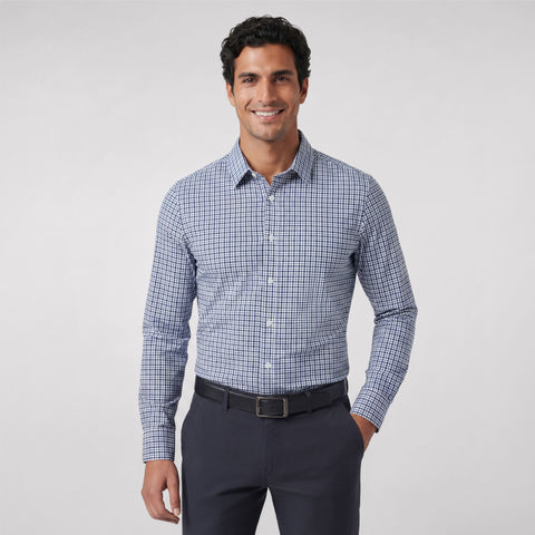 A man wearing the Everywear Shirt Standard Length in Micro Check with a classic fit.