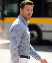 The Everywear Shirt Standard Length in Micro Check worn in a lifestyle setting.