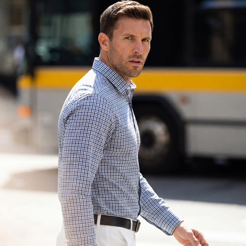 The Everywear Shirt Standard Length in Micro Check worn in a lifestyle setting.