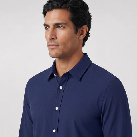 The Everywear Shirt Standard Length in Navy, folded flat on a neutral background.