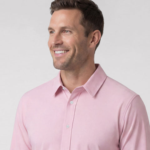 The Everywear Shirt Standard Length in Soft Rose, folded flat on a neutral background.