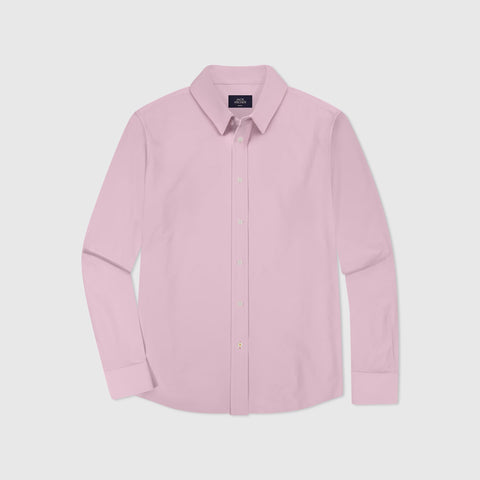 Detail of the Everywear Shirt Standard Length in Soft Rose showing dobby weave and details.