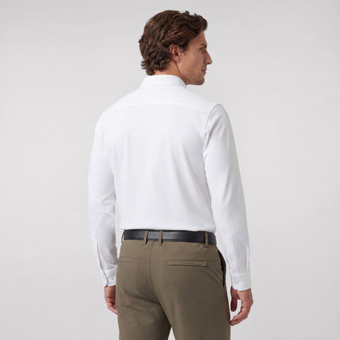 Back view of the Everywear Shirt Standard Length in True White showing fit.