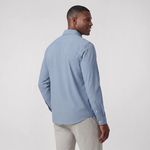 Back view of the Everywear Shirt Shorter Length in Chambray Blue showing fit and construction.