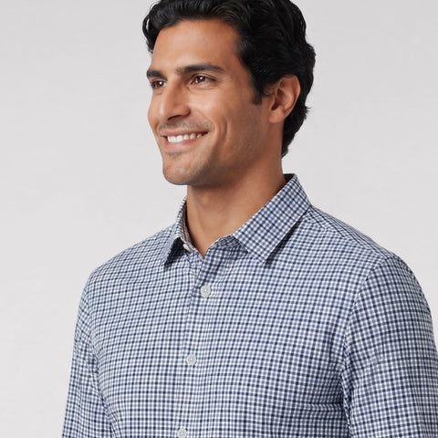 The Everywear Shirt Shorter Length in Micro Check, folded flat on a neutral background.