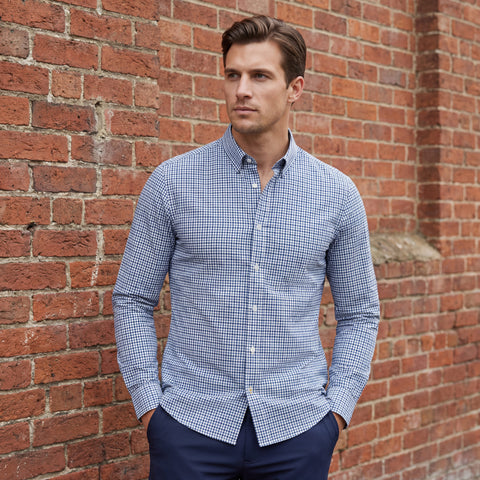 The Everywear Shirt Shorter Length in Micro Check worn in a lifestyle setting.