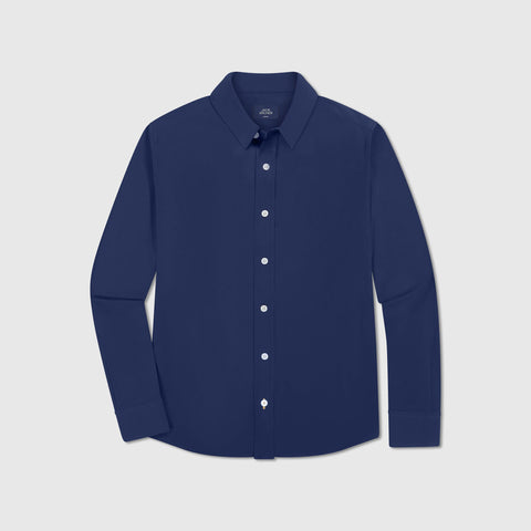 Detail of the Everywear Shirt Shorter Length in Navy showing dobby weave and button details.