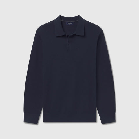 Navy knit long-sleeve polo shown flat against a light background.