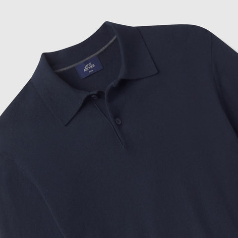 Detail of the collar and two-button placket on the navy knit polo.